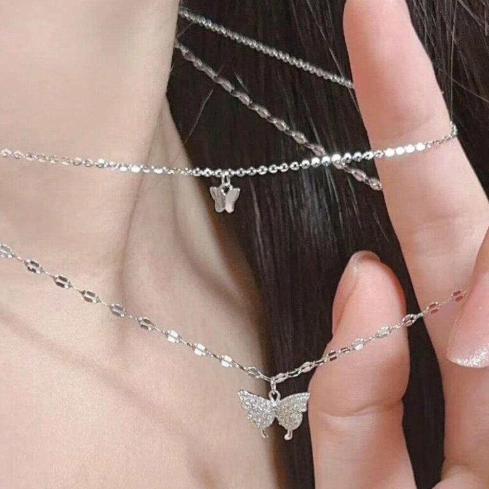 Fashionable Silver Butterfly Pendant Multi-layer Necklace Jewelry Women One Size